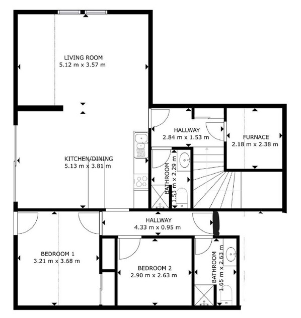 Plano de una casa que incluye sala de estar, cocina, dos dormitorios, dos baños, un pasillo y un horno.