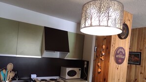 A kitchen with wooden cabinets, a microwave, a stove, and a hanging light fixture. - Apartment on the slopes in Super Besse (Besse-et-Saint-Anastaise-Super Besse)