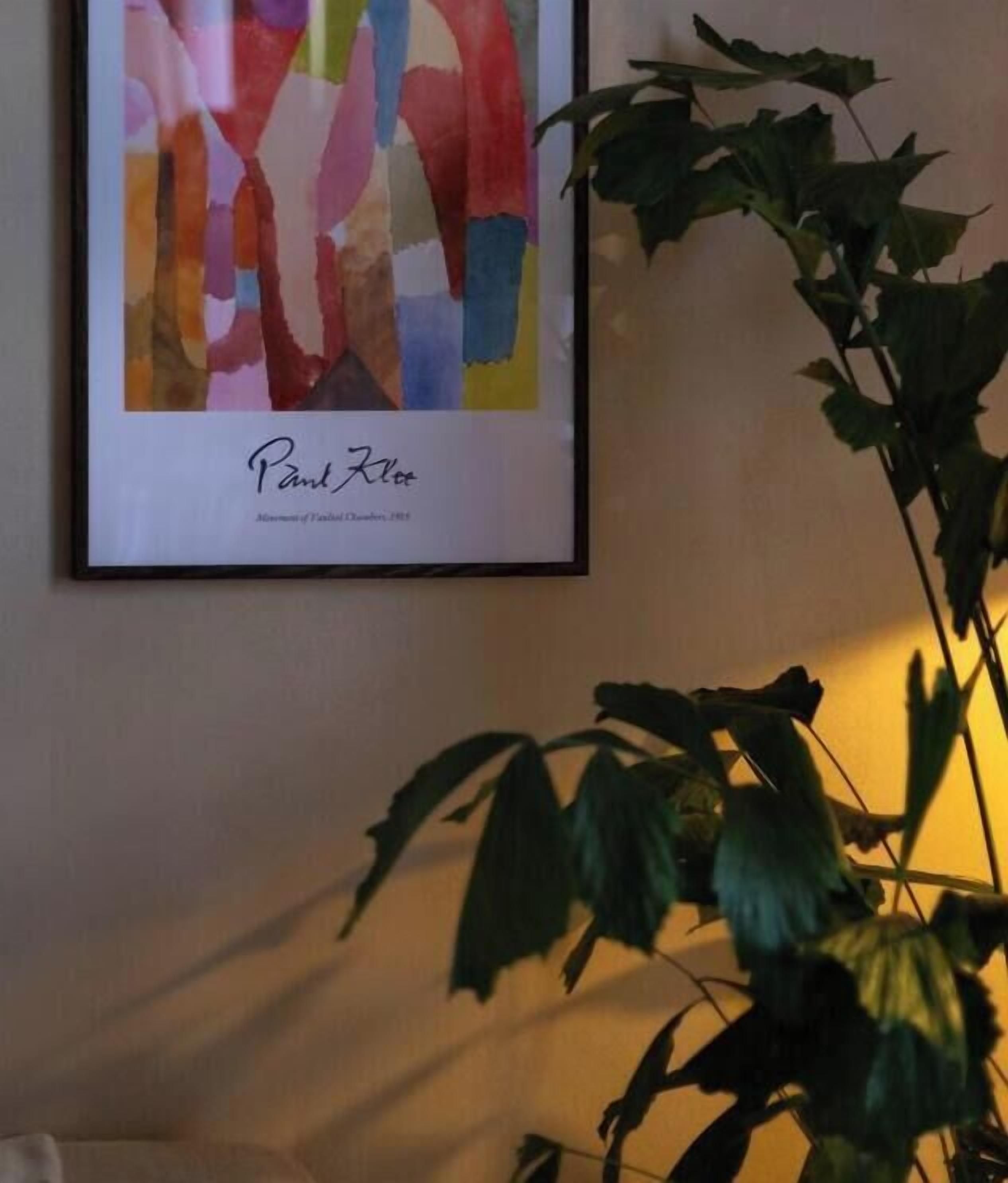 Quadro abstrato emoldurado, com o nome e título do artista, um vaso de planta e uma parede.