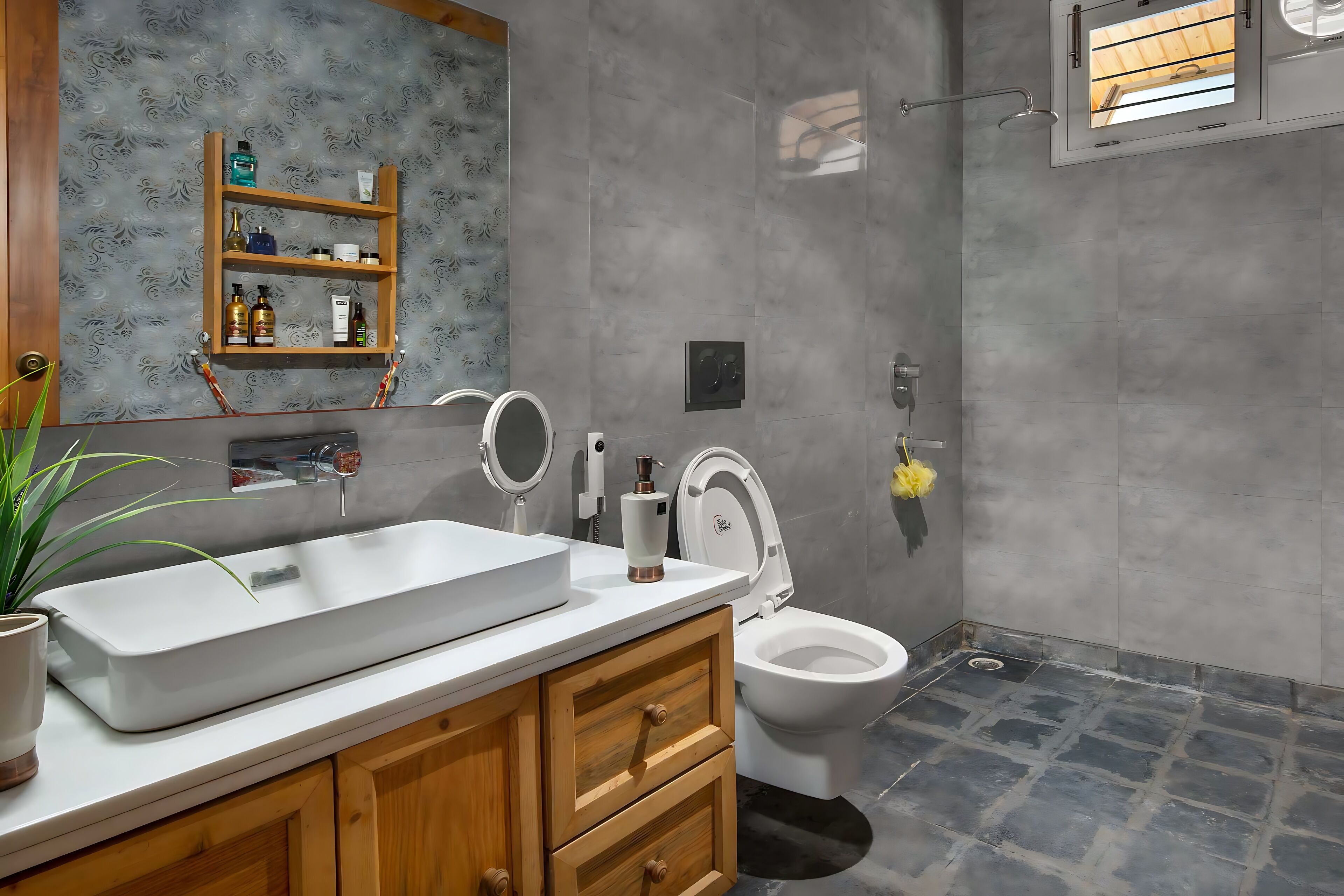 A modern bathroom with a large white sink, wooden vanity, and a toilet.