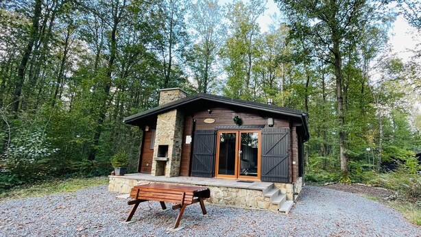 A rustic cabin with a stone exterior, wooden shutters, and a bench in front. - Chalet in Viroinval Near Nature Park (Viroinval)