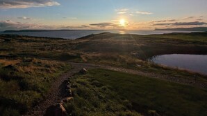 Un paysage côtier avec un sentier menant à une étendue d’eau, entouré d’une zone herbeuse et d’une côte lointaine.