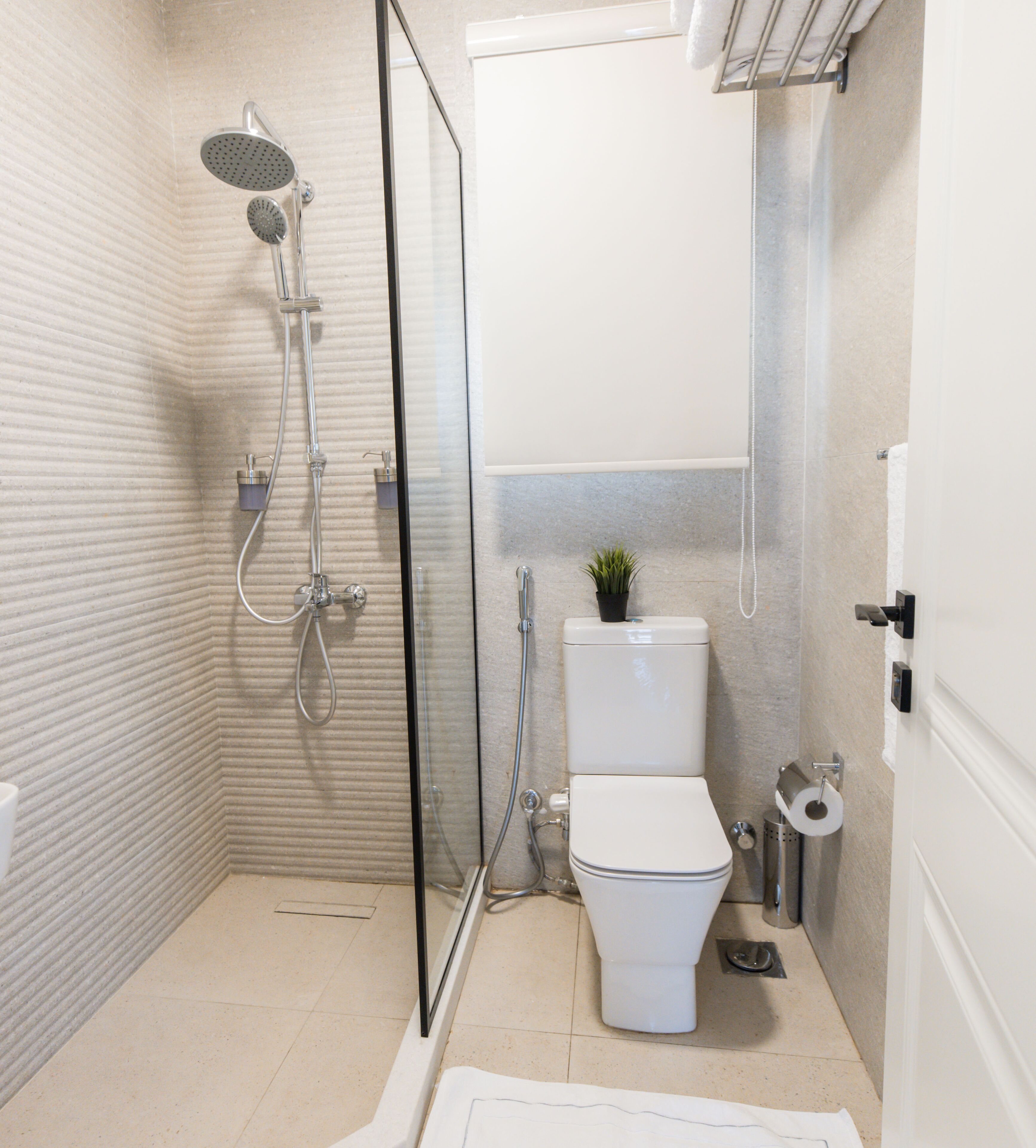 A modern bathroom with a glass-enclosed shower, a toilet, and a small potted plant.