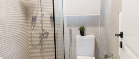 A modern bathroom with a glass-enclosed shower, a toilet, and a small potted plant.