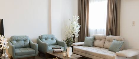 Standardlejlighed - balkon - byudsigt | Opholdsområde | Fladskærms-tv, pejs