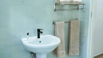 Hair dryer, towels, soap, toilet paper