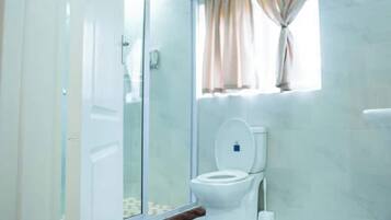 Hair dryer, towels, soap, toilet paper