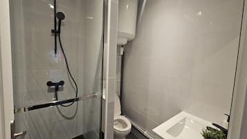 Een moderne badkamer met een douchecabine, een toilet en een wastafel met een plantje.