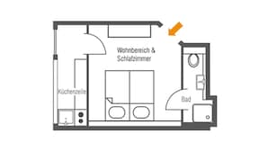 A hotel room layout with a living area, kitchen, bathroom, and a designated smoking area. - Apartments in the heart of Berlin  (Berlin)