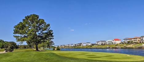 Un campo de golf con un árbol grande, un lago y casas al fondo.