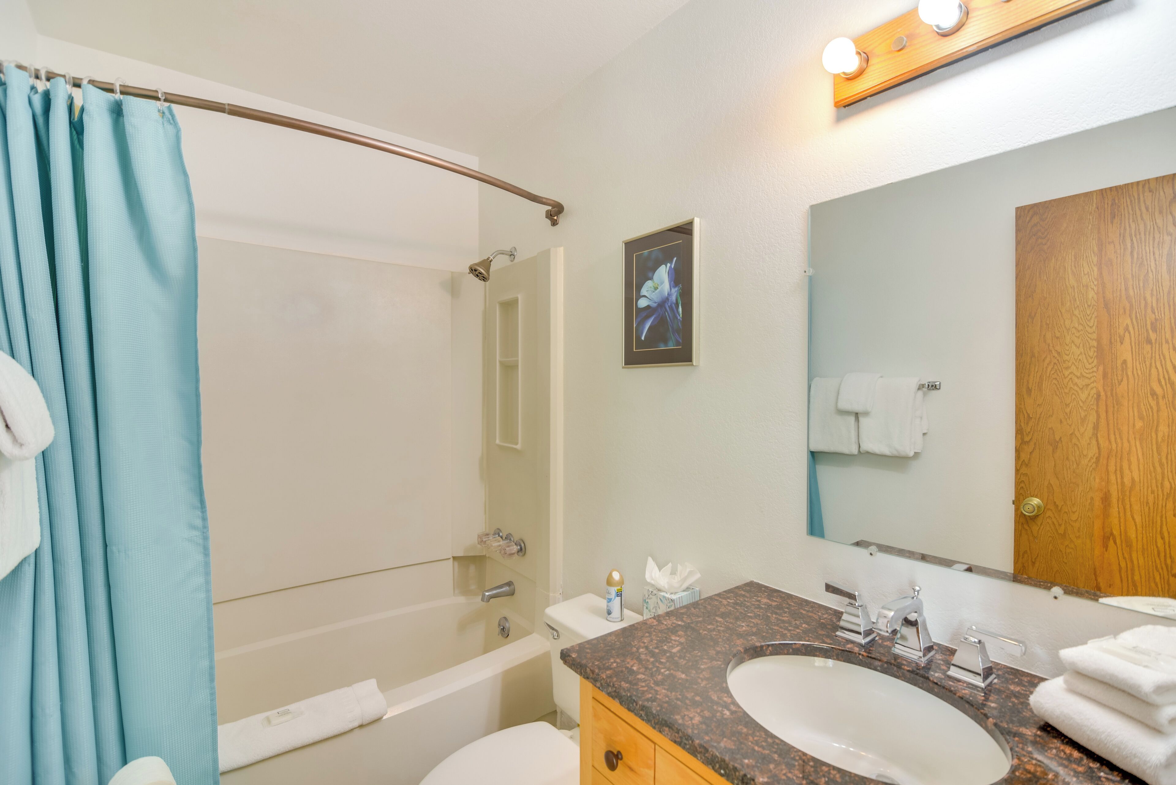 Ein Badezimmer mit Badewanne, Toilette, Waschbecken und Duschvorhang.