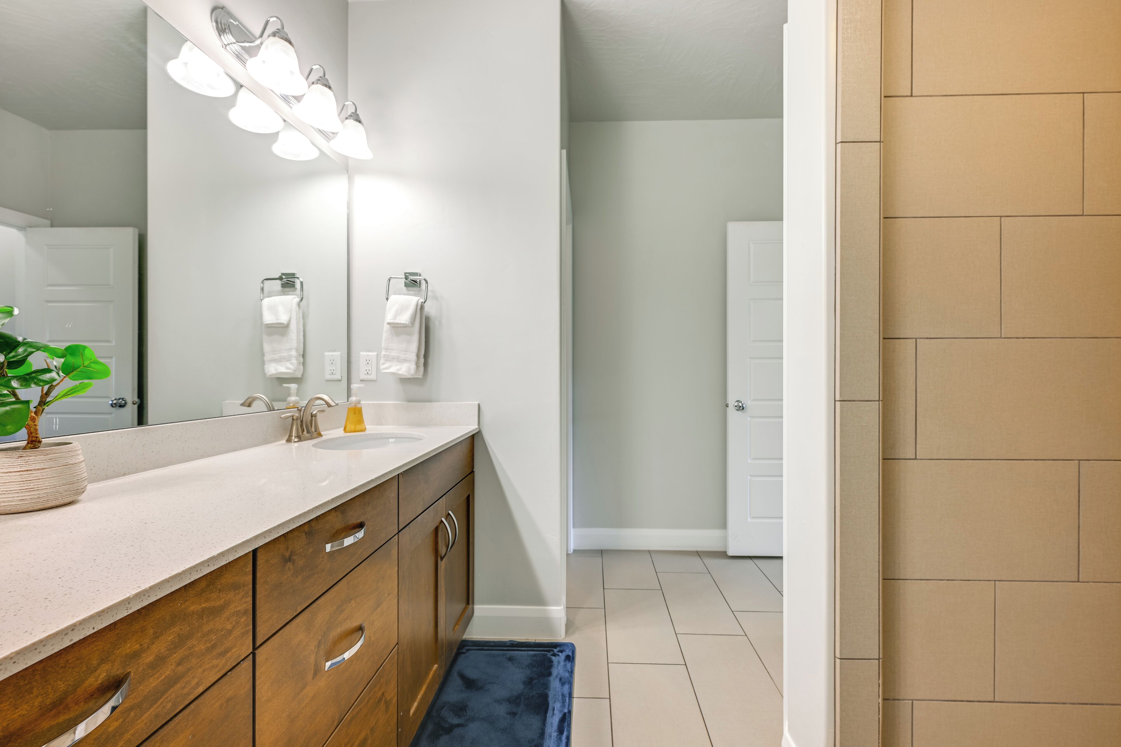 A bathroom with a white vanity, a mirror with lights, a towel rack, and a plant.