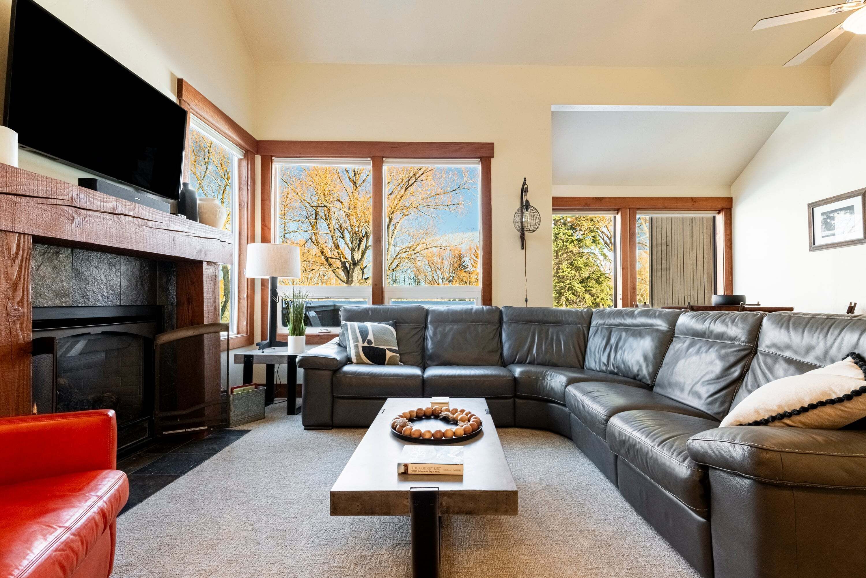 Smart TV, fireplace, foosball