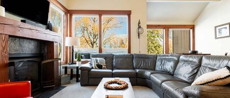 Smart TV, fireplace, foosball