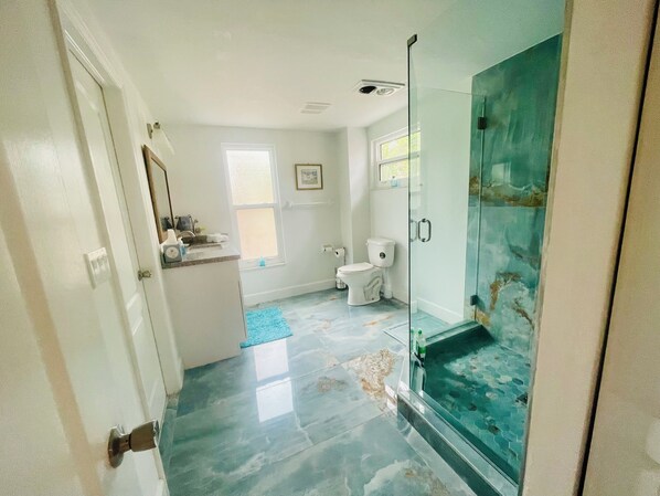Une salle de bain avec une douche à parois de verre, des toilettes et un espace lavabo.