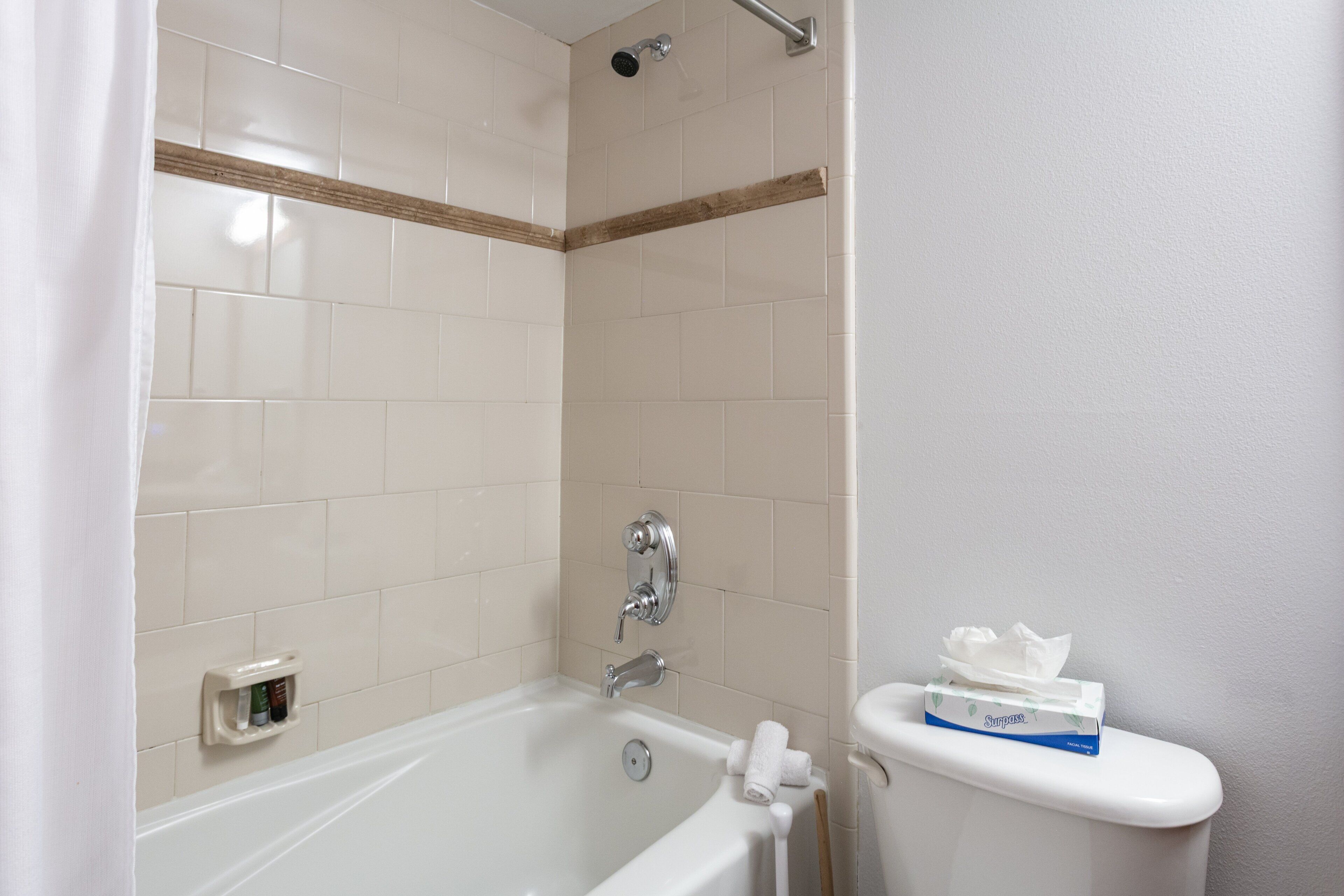 A bathroom with a bathtub, a showerhead, a toilet, and a towel rack.