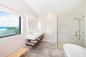 Shower, hair dryer, towels, soap - Halcyon Point: New Luxurious Oceanfront Villa w/ Pool, Spa + Tanning Terrace (Grand Cayman)