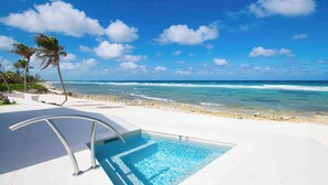 A pool with a clear view of the ocean and palm trees. - Halcyon Point: New Luxurious Oceanfront Villa w/ Pool, Spa + Tanning Terrace (Grand Cayman)