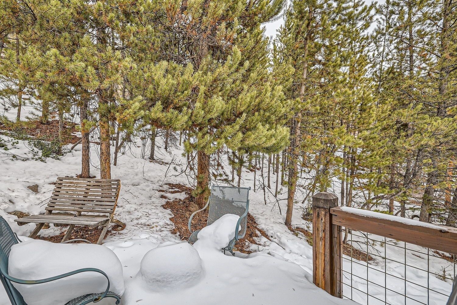 Un espace extérieur aménagé avec des sièges, recouvert de neige, comprenant des chaises en métal et un banc en bois, le tout entouré d’arbres.