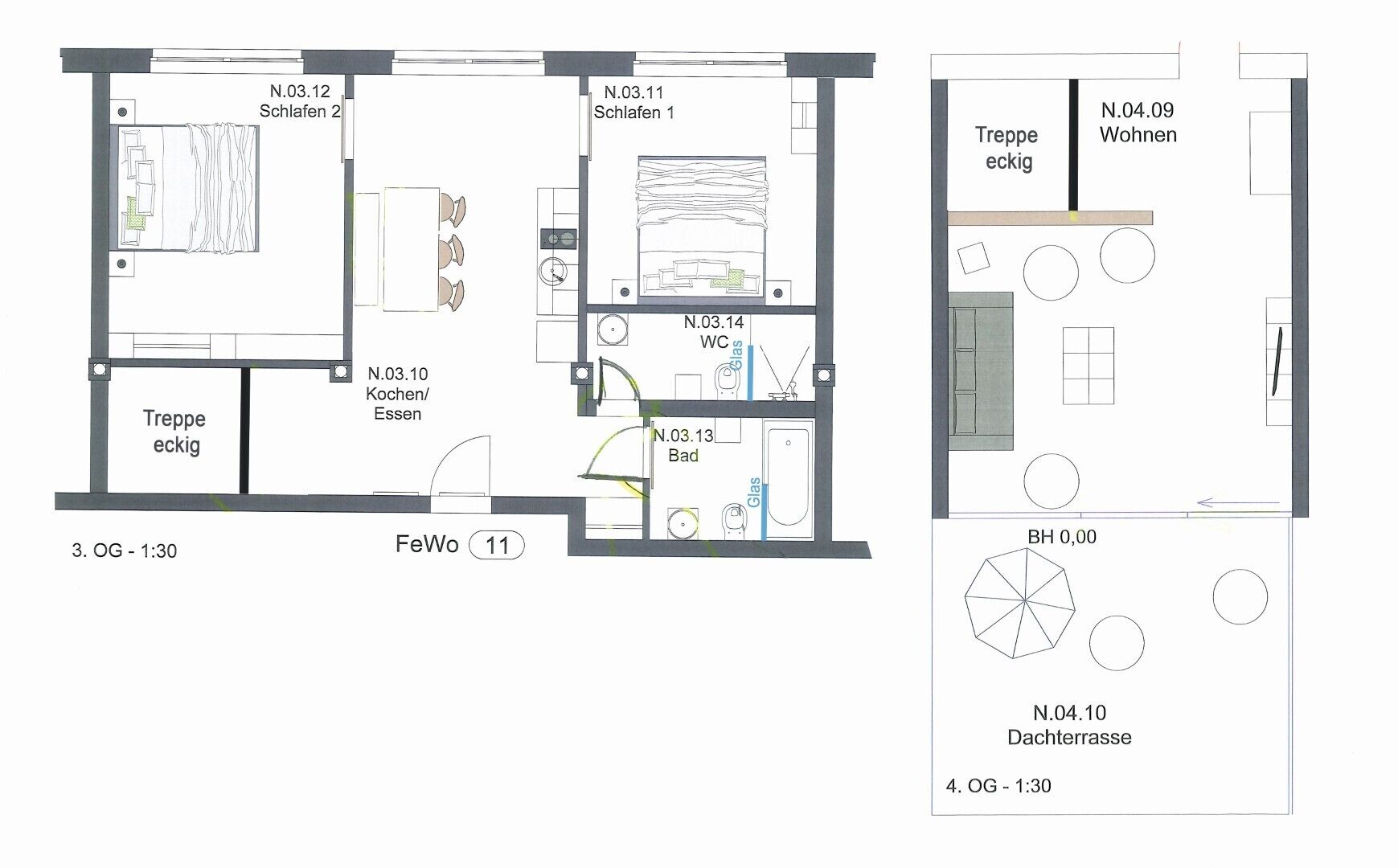 Floor plans of a hotel with labeled rooms and amenities, including a kitchen, bathroom, and dining area.