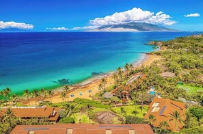 On the beach, sun-loungers, beach towels