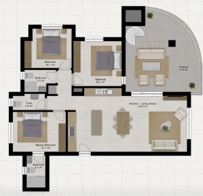 Apartment, 3 Schlafzimmer, Balkon, Stadtblick | Grundriss