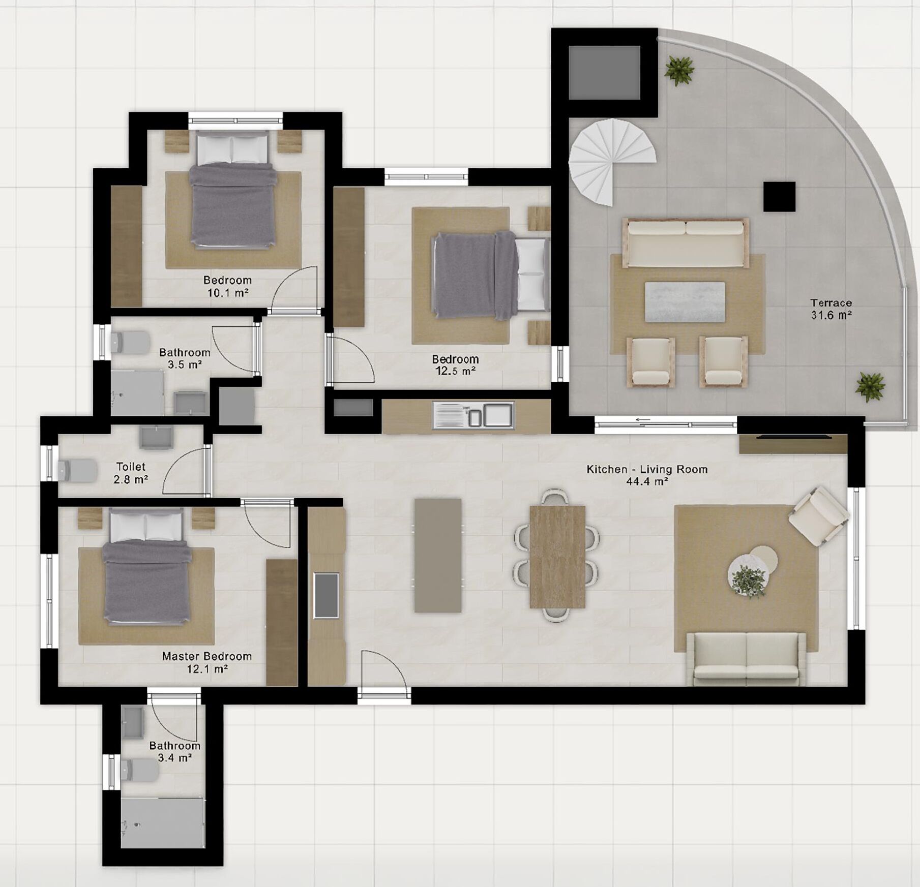 Een plattegrond met een hoofdslaapkamer, twee kleinere slaapkamers, een badkamer, een keuken en een terras.