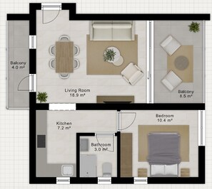 A floor plan with a living room (18.9 m²), kitchen (7.2 m²), bathroom (3.0 m²), bedroom (10.4 m²), and two balconies (4.0 m² and 8.5 m²). - Sanders Eduardovich Limassol - Full Building (Limassol)