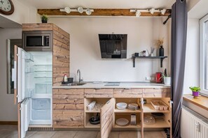 Fridge, microwave, stovetop, cookware/dishes/utensils - Lacplesa st | City center | Quiet | Entire studio (Rīga)