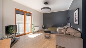 Un salon moderne avec un canapé, un téléviseur, un cactus et un balcon doté de portes en bois.