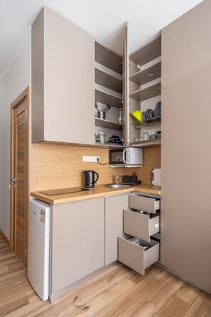 Fridge, microwave, stovetop, cookware/dishes/utensils - Dzintaru studio apartment (Jūrmala)