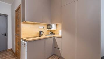 Kühlschrank, Mikrowelle, Herdplatte, Kochgeschirr/Geschirr/Besteck