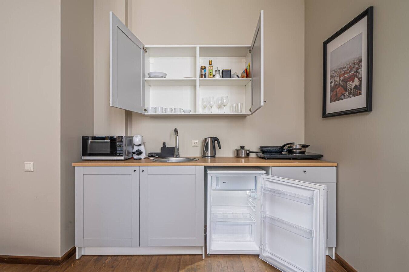 Køleskab, mikrobølgeovn, kogeplade, opvaskemaskine