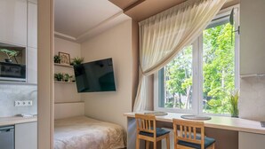 Habitación pequeña con cama, televisor, kitchenette y ventana con cortinas.