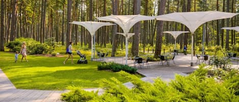 Un espace extérieur aménagé en terrasse, avec des sièges et des parasols, entouré d’une végétation luxuriante et de grands arbres.
