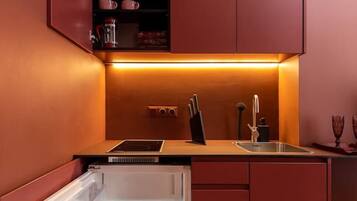 Una cocina compacta con refrigerador integrado, un lavamanos y una estufa.