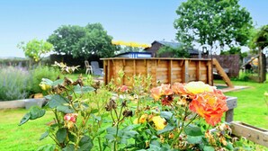 A garden with roses and a wooden structure in the background.