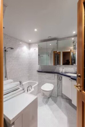 Hair dryer, towels, toilet paper