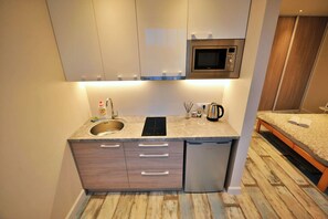 Fridge, microwave, stovetop, cookware/dishes/utensils