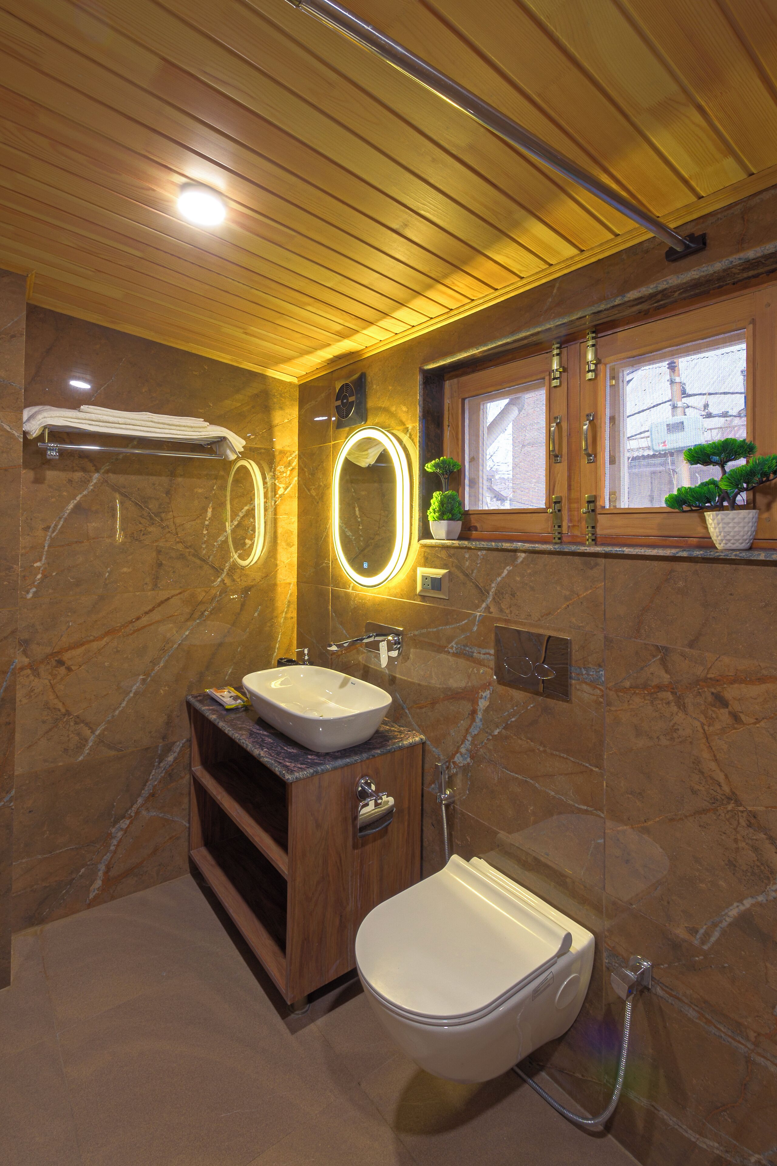 A bathroom with a wooden vanity, a white sink, a mirror with a light, a window with a plant, and a shower.