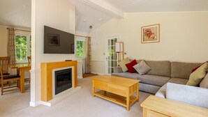 A living room with a fireplace, a sofa, a coffee table, and a television. - Luxury lodge in peaceful surroundings (saltaash)