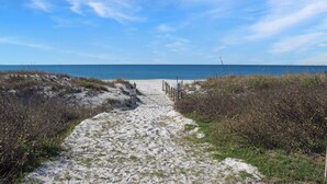 A sandy beach path leading to the ocean with sparse vegetation on either side. - 🌞Steps from the Beach-Pet Friendly-Fab Beach Views-4BR Deja Blue🌞 (Mexico Beach)