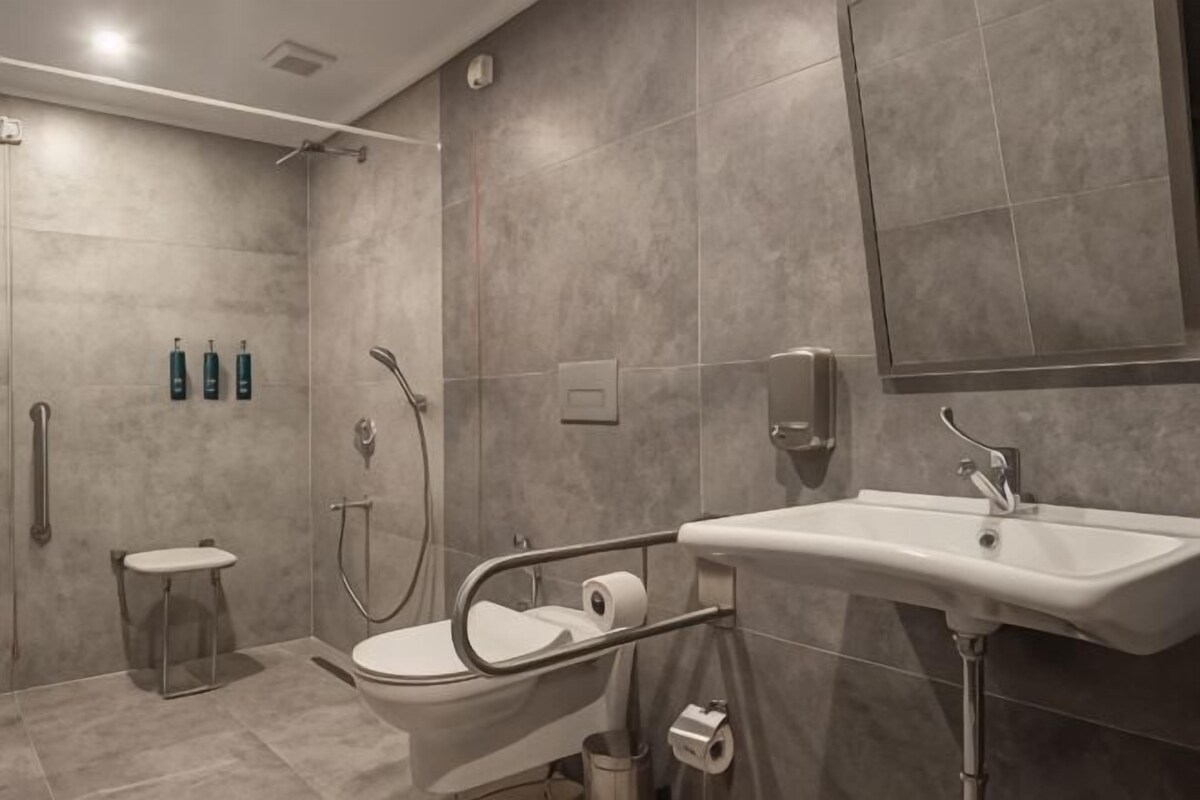 A modern bathroom with a shower, toilet, and sink, equipped with grab bars and handrails.