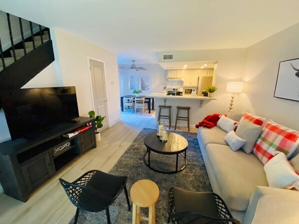 Smart TV, fireplace, books