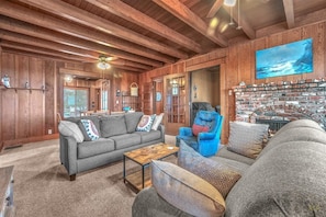 Smart TV, fireplace, books