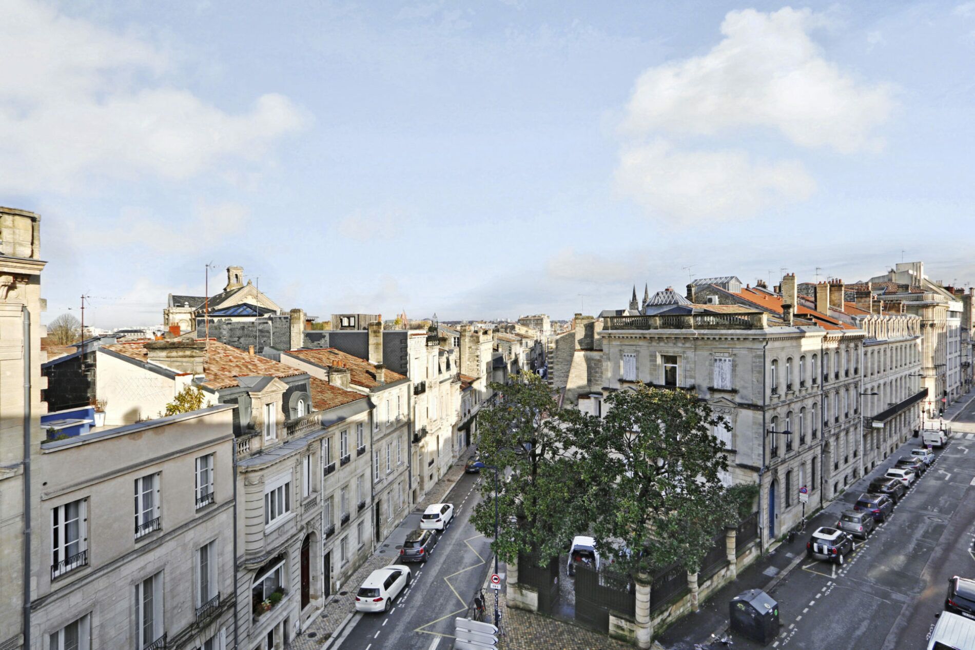 Un paisaje urbano con edificios históricos, una calle arbolada y coches aparcados.