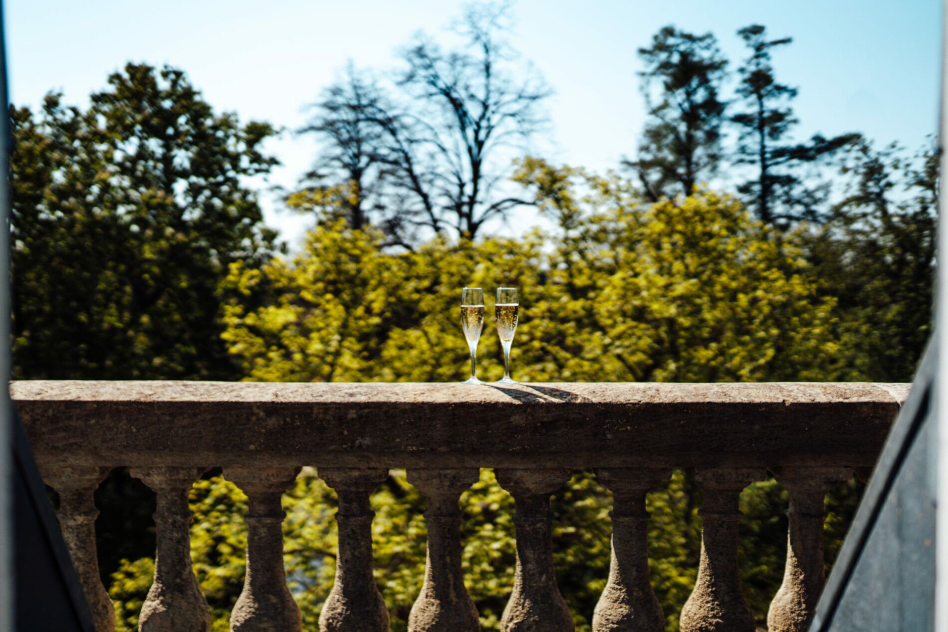 A balcony with two champagne flutes on a stone balustrade, overlooking a forested area.