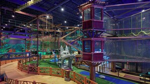 An indoor play area with climbing structures, slides, and a large ice sculpture. - Great Wolf Lodge Webster (Webster)
