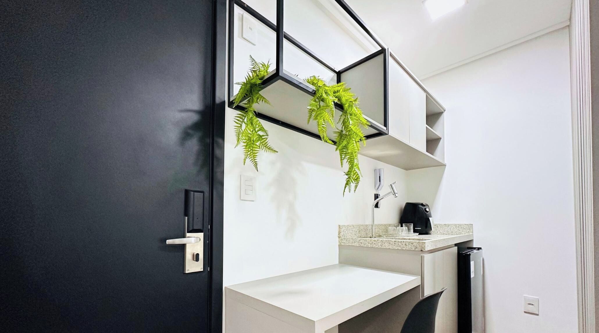A modern bathroom with a black door, a white sink, a mirror, and a plant.
