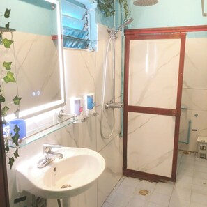 Shower, free toiletries, hair dryer, slippers